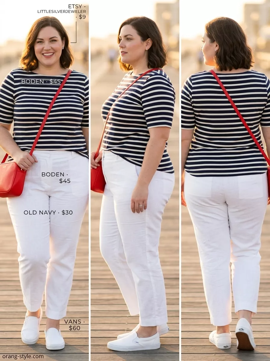 Bold Curvy Outfit Summer 2026: Nautical Stripes & Navy Bold curvy outfit summer 2026: Striped tee, navy pants, white sneakers, red crossbody bag for seaside lunch.