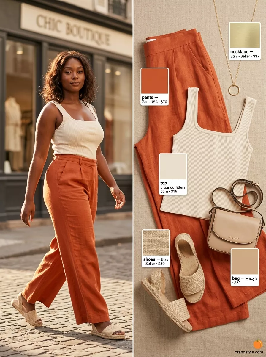 Terracotta Sunset Brunch Outfit 2026 Bold curvy outfit summer 2026: Terracotta wide-leg pants with cream tank for earthy brunch style.