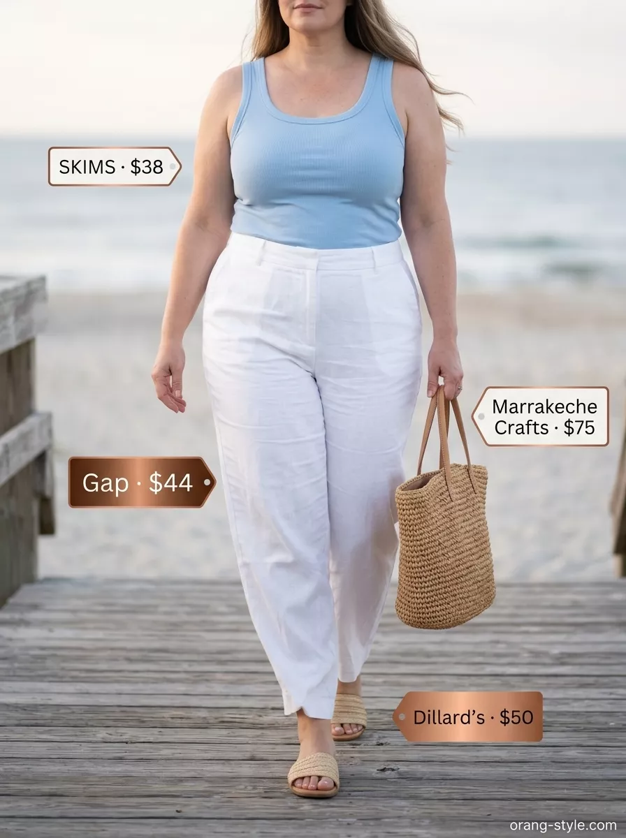 Bold Curvy Outfit Summer 2026: Azure Vacation Pants Bold curvy outfit summer for women 2026: White linen pants, sky blue tank for vacation style.