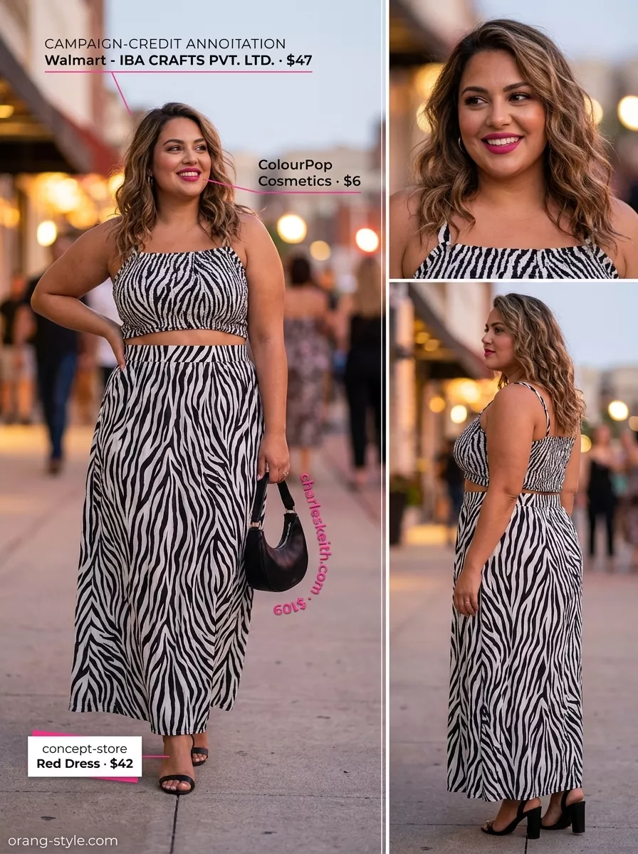 Zebra Print Summer Night Outfit 2026 Bold curvy outfit summer 2026: Zebra print matching set with hot pink accents for a glam night out.