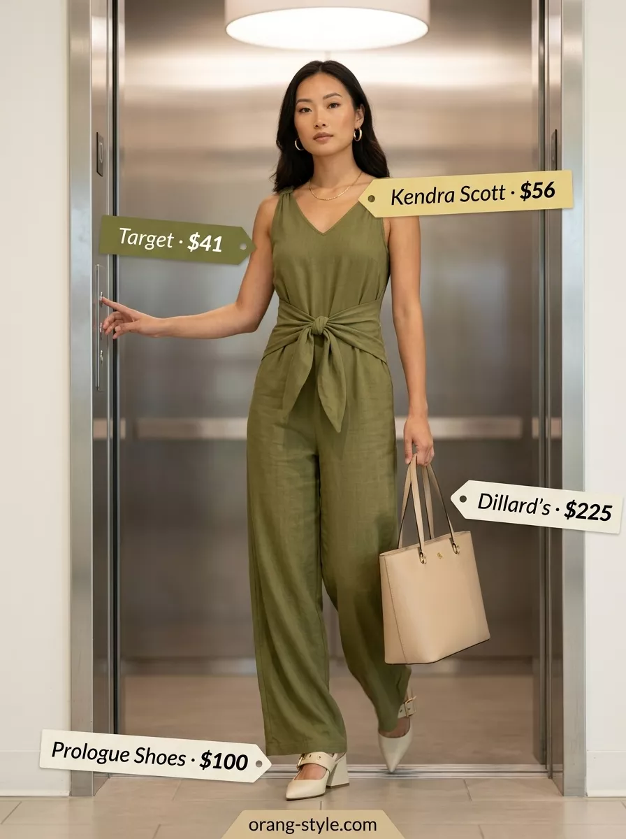 Breathable summer business casual outfit for women 2026: Olive green wide-leg jumpsuit with ivory mules and tan tote.