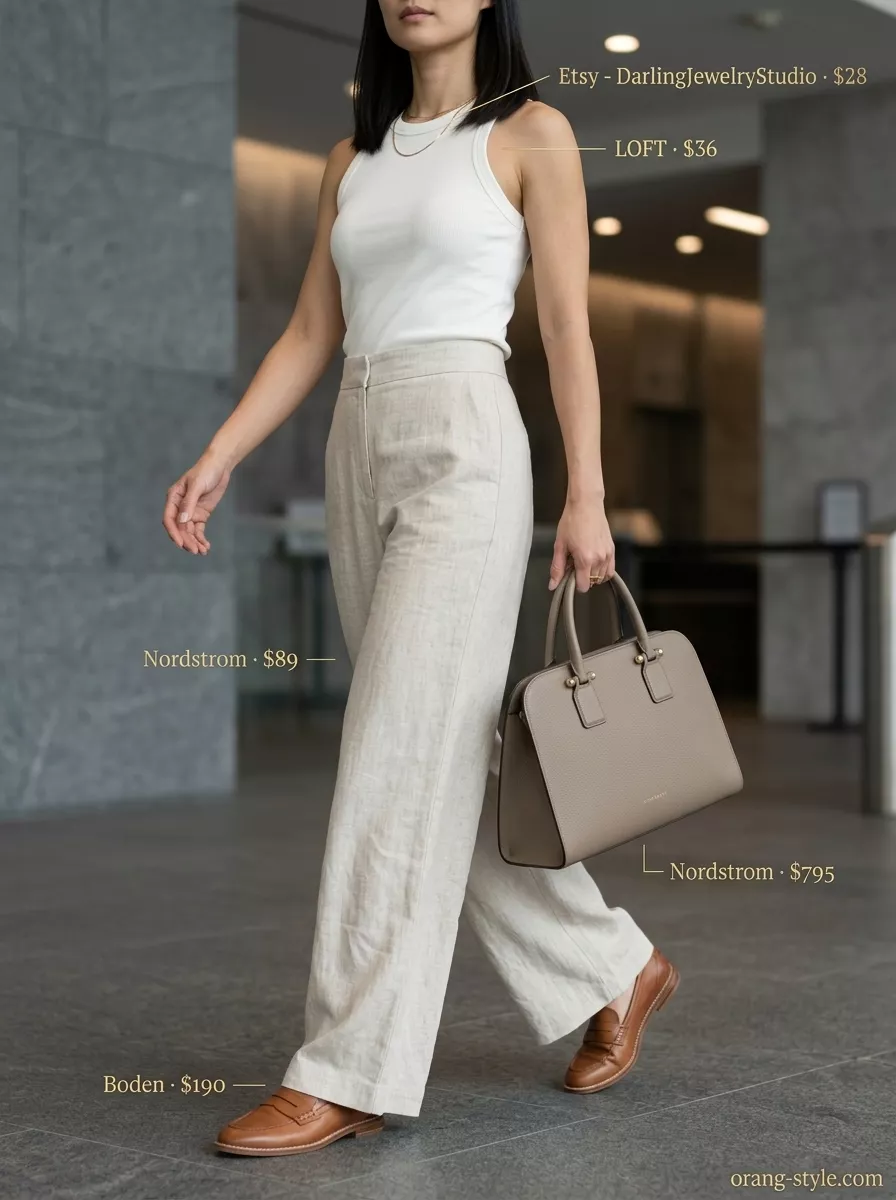 Breathable summer business casual outfit for women 2026: Cream knit tank, beige linen pants, tan loafers, and taupe tote.