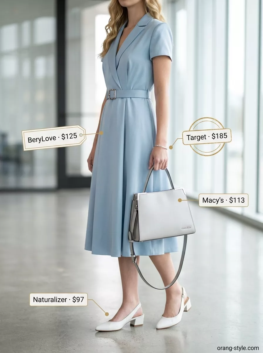 Breathable summer business casual outfit for women 2026: Light blue cotton A-line midi dress with white mules and grey satchel.
