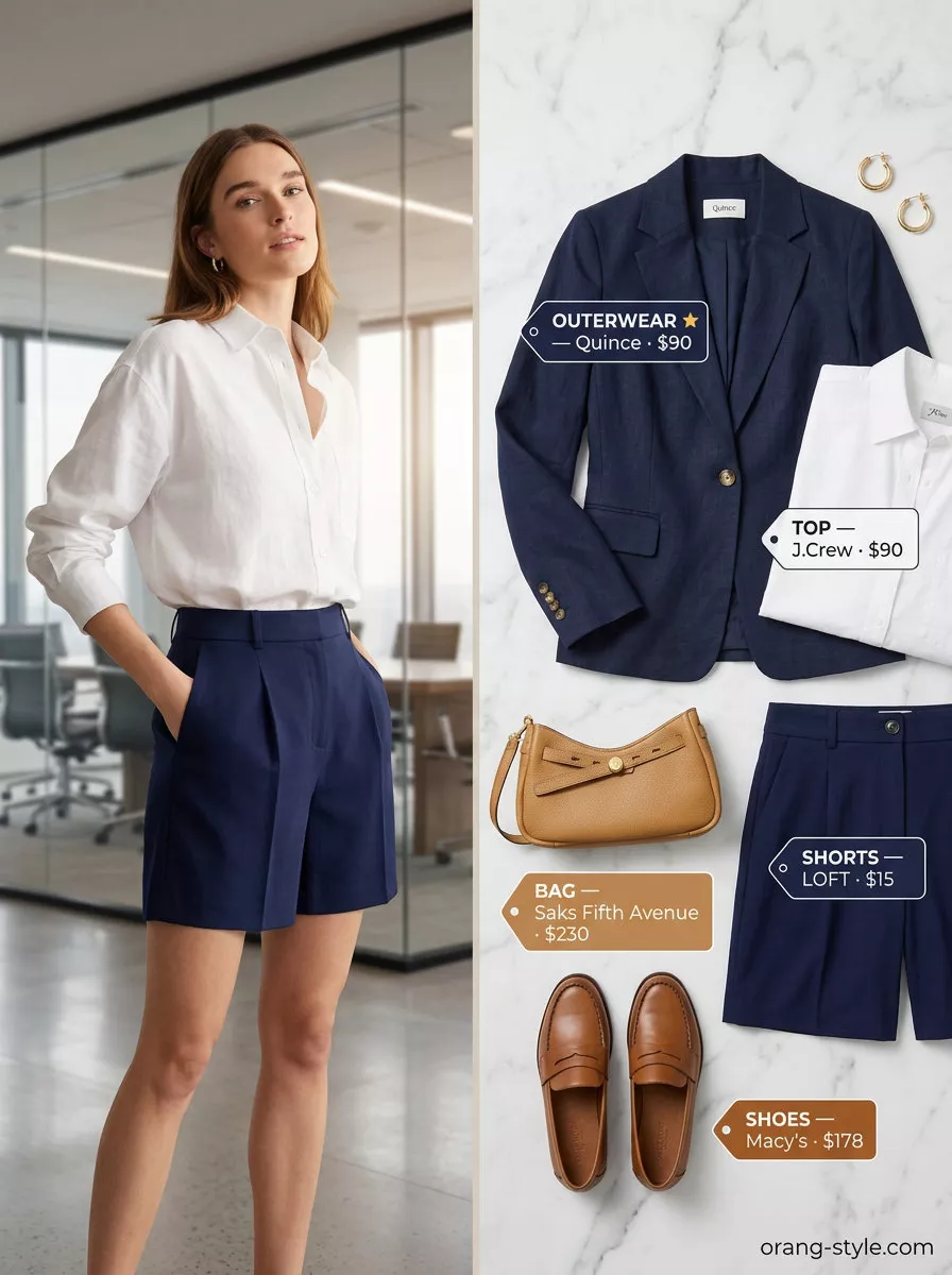 Breathable summer business casual outfit for women 2026: Navy Bermuda shorts suit with white shirt, tan loafers and crossbody.