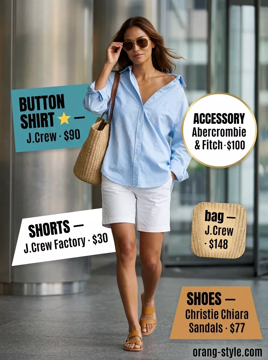 Breathable summer business casual outfit for women 2026: Light blue oversized shirt, white Bermuda shorts, tan sandals, straw tote.