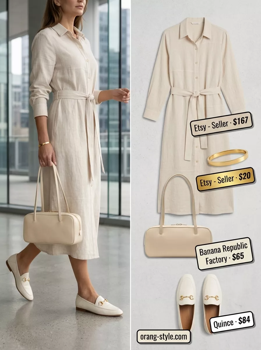 Polished summer business casual outfit for women 2026: Beige linen shirt dress, loafers, satchel bag.
