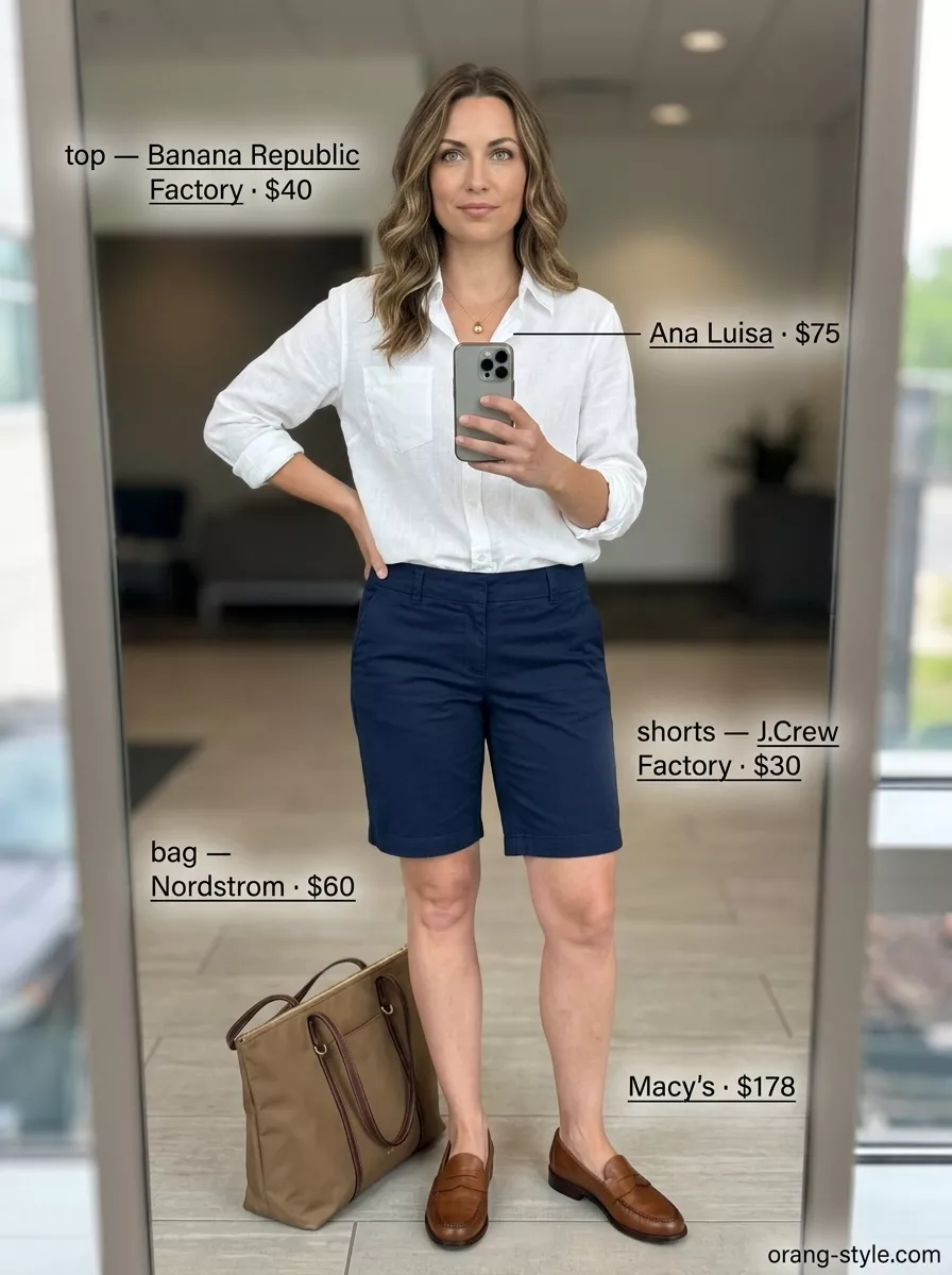 Breathable summer business casual outfit for women 2026: Navy shorts, white linen shirt, tan loafers & tote.
