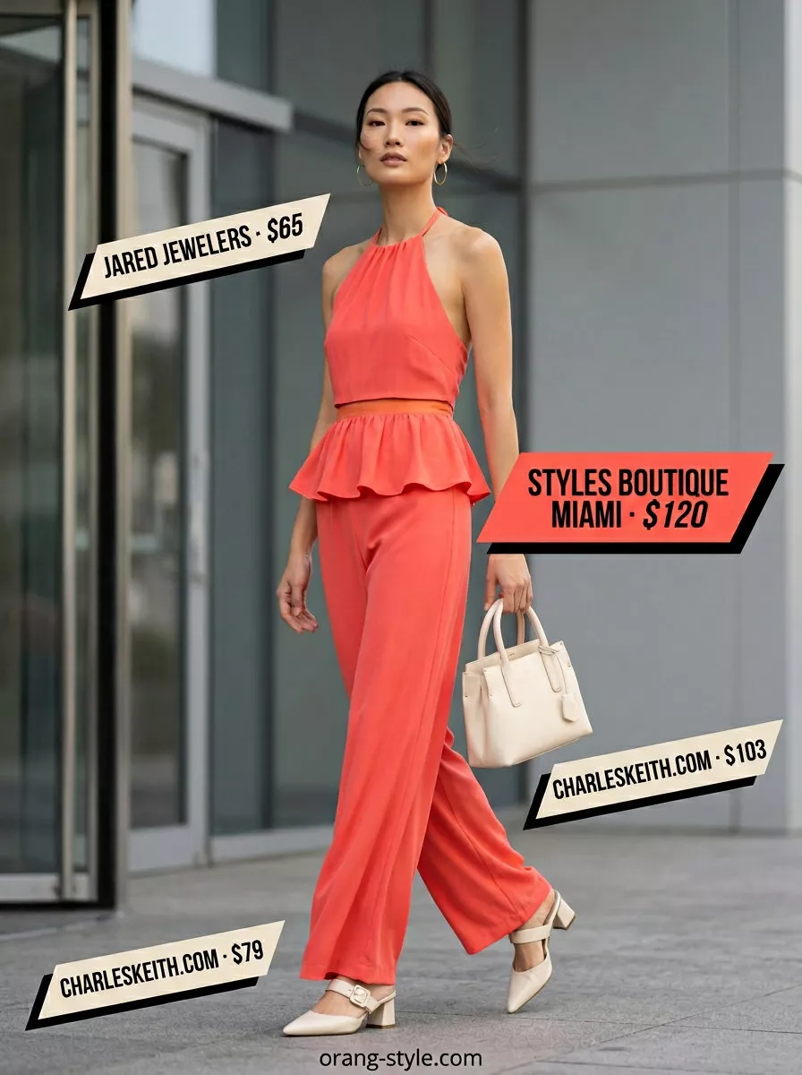 Elegant summer business casual outfit for women 2026: Coral matching set, cream mules, beige bag.