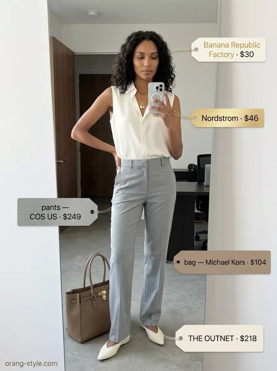 Sophisticated summer business casual outfit for women 2026: Light grey trousers, white sleeveless blouse, nude flats.
