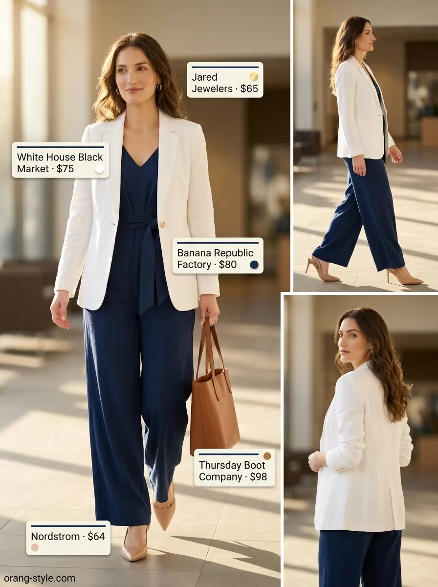 Breathable summer business casual outfit for women 2026: Navy jumpsuit, white blazer, tan heels & tote.
