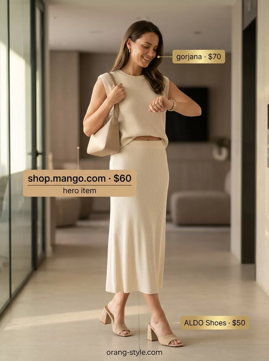Breathable summer business casual outfit for women 2026: Beige knit co-ord set, cream mules & bag.