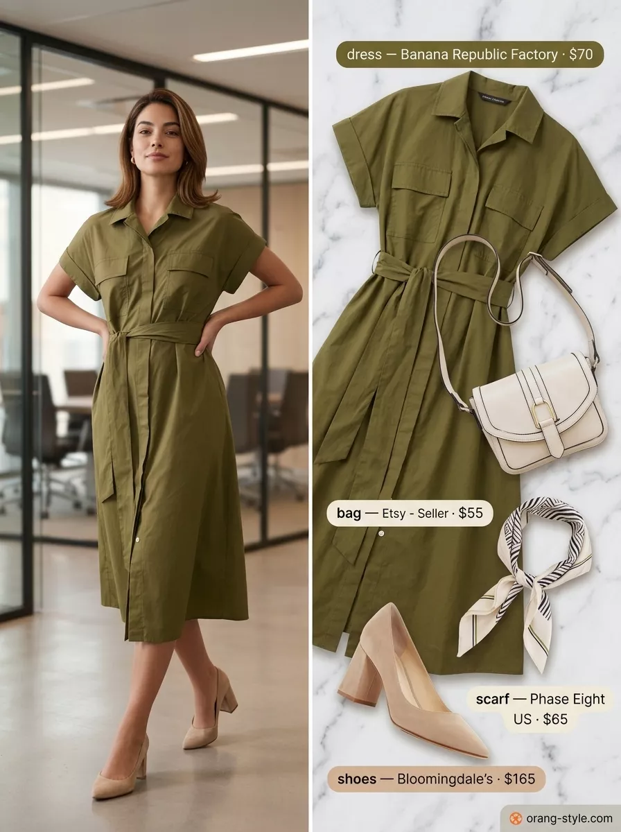 Breathable summer business casual outfit for women 2026: Olive green midi dress, beige pumps, cream bag & scarf.
