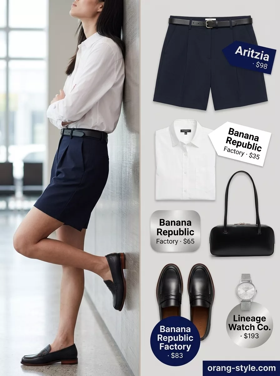 Sharp summer business casual outfit for women 2026: Navy shorts, white button-down shirt, black loafers.