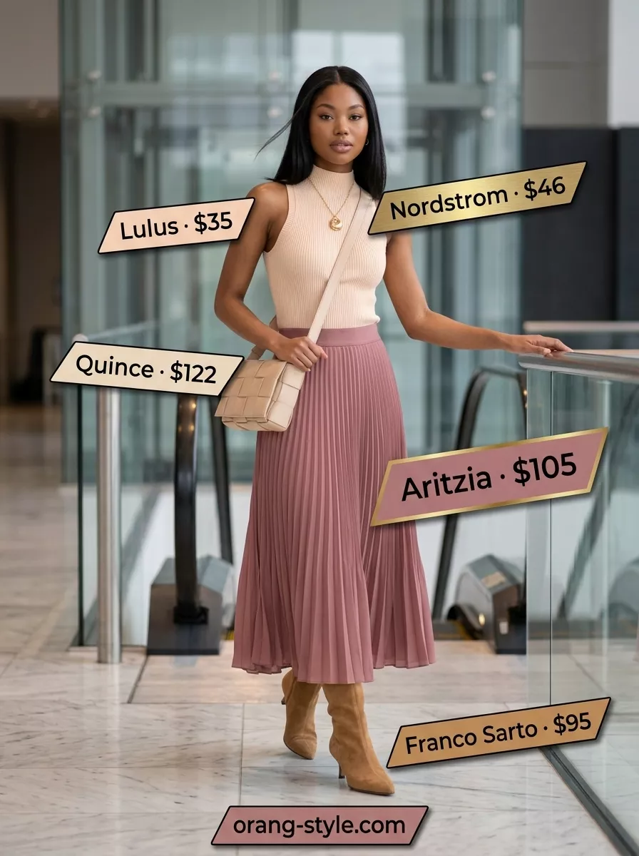 Feminine summer business casual outfit for women 2026: Dusty rose midi skirt, beige knit top, taupe bag.