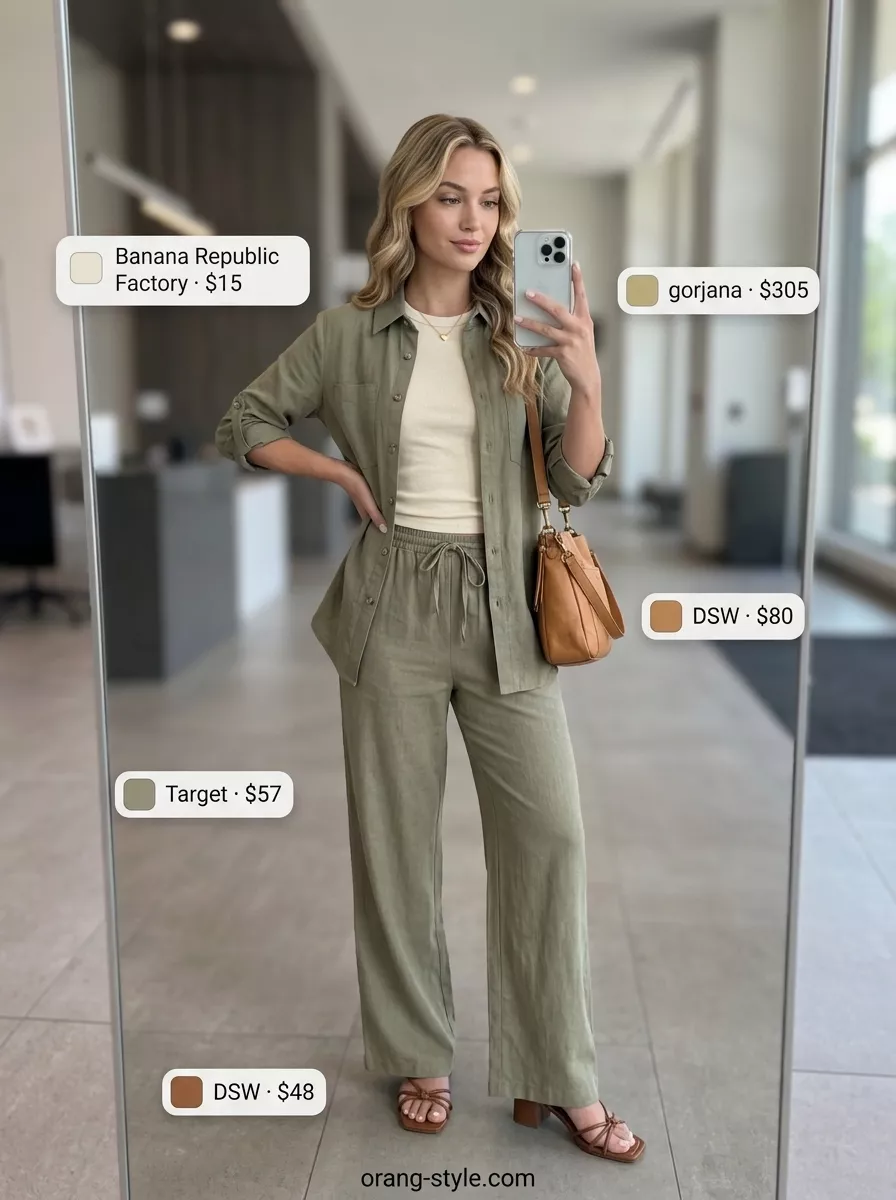 Effortless summer business casual outfit for women 2026: Sage green linen co-ord, cream tank, tan sandals.