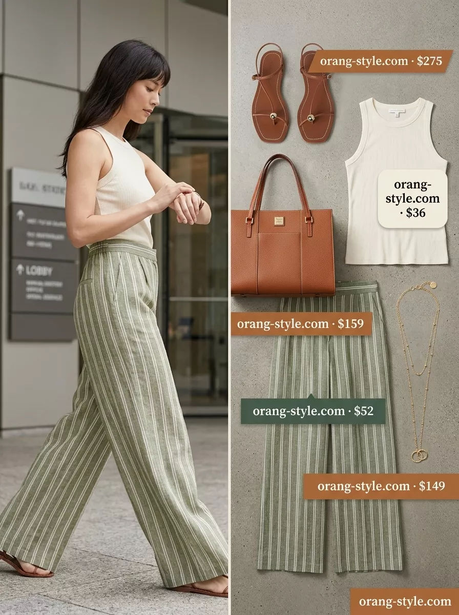 Relaxed summer business casual outfit for women 2026: Sage green linen pants, cream tank top, tan sandals.