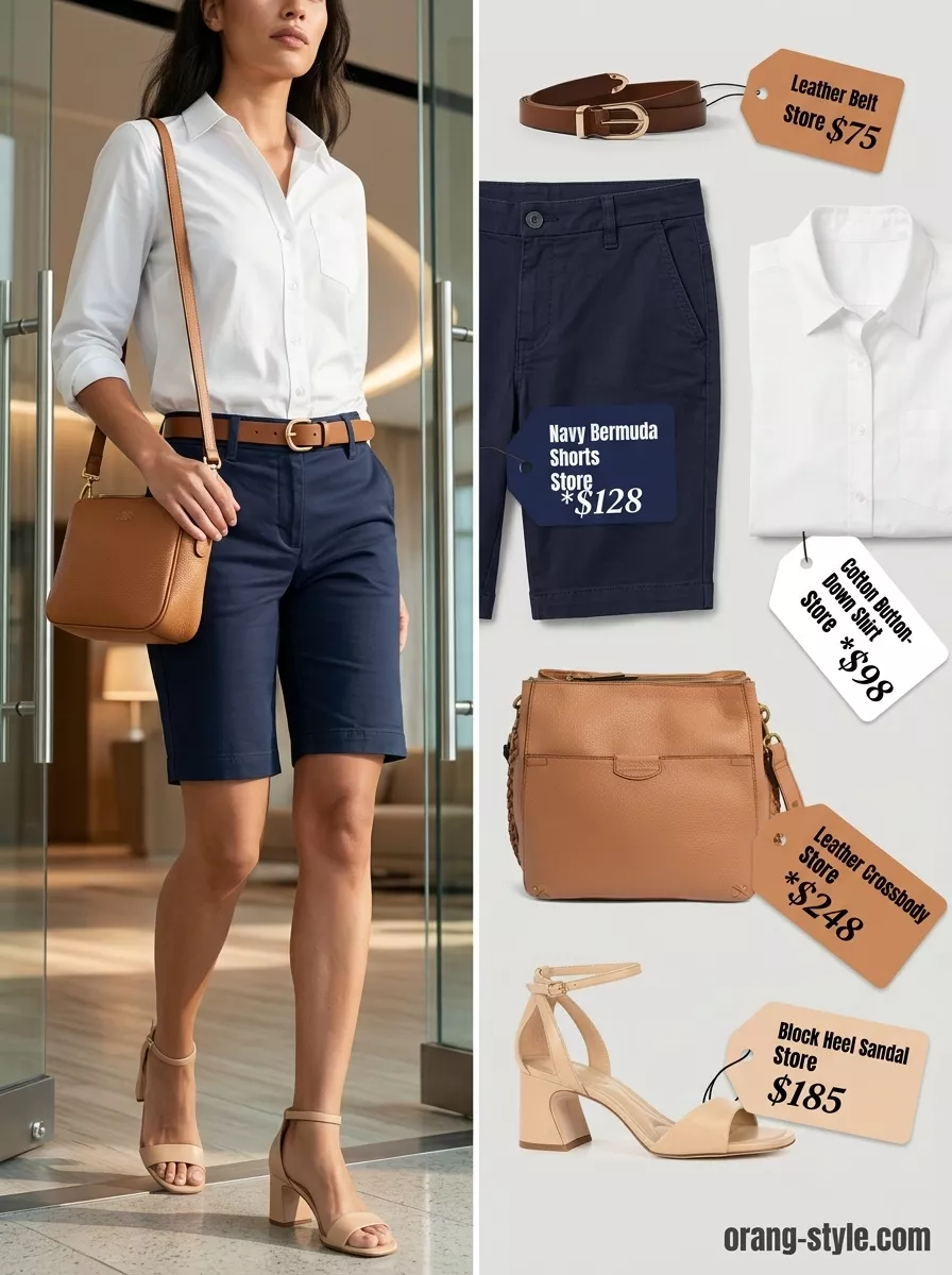 Breathable summer business casual outfit for women 2026: Navy shorts, white shirt, tan sandals & bag.