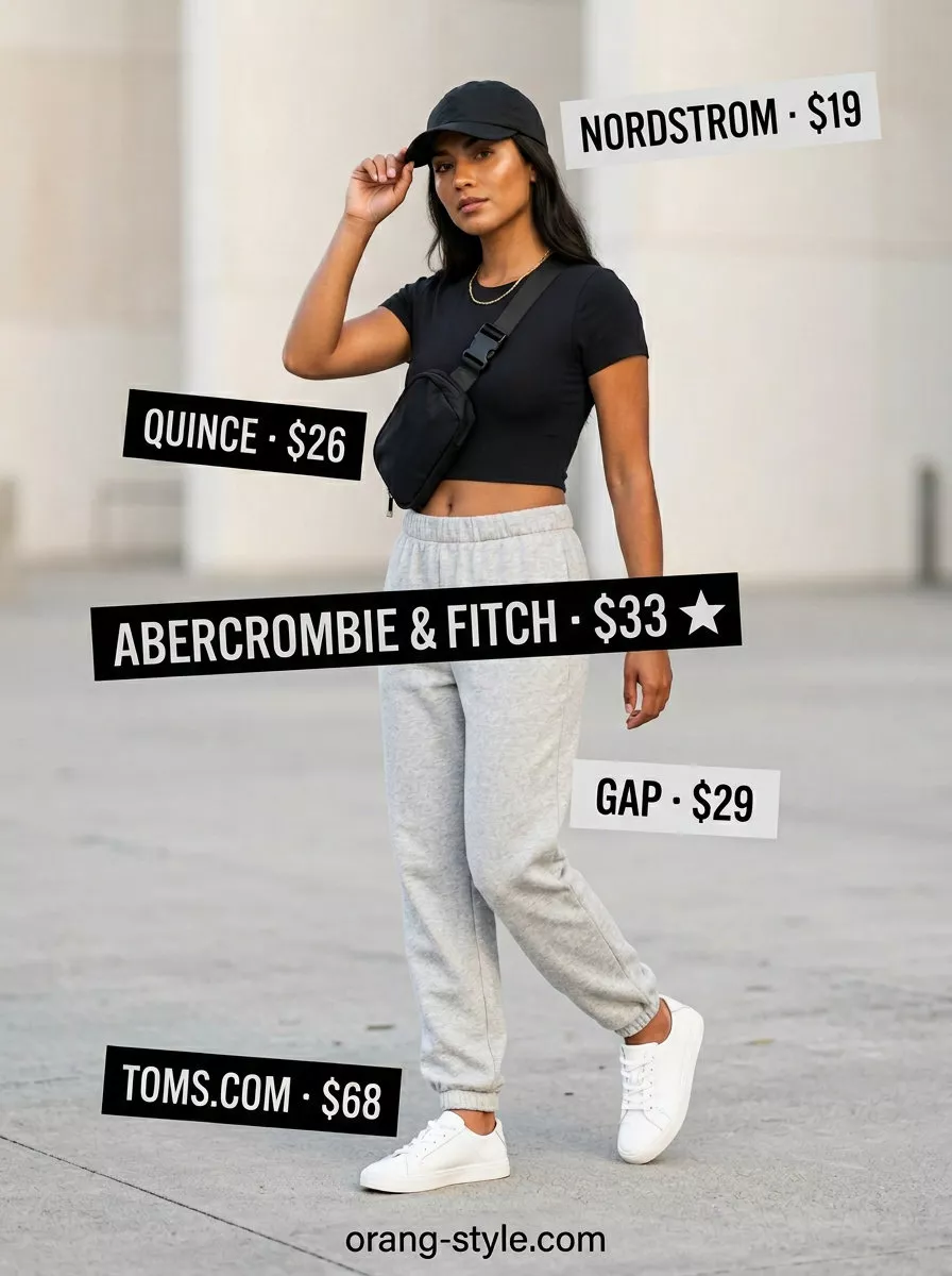 Casual summer bodysuit outfits for women 2026: Black bodysuit, grey joggers, white sneakers for athleisure.