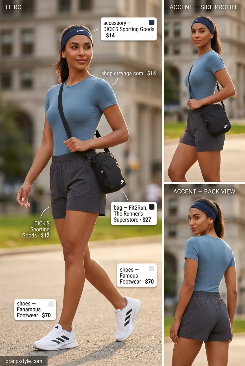 Casual summer bodysuit outfits for women 2026: Navy athletic bodysuit, grey running shorts, and sneakers for active days.