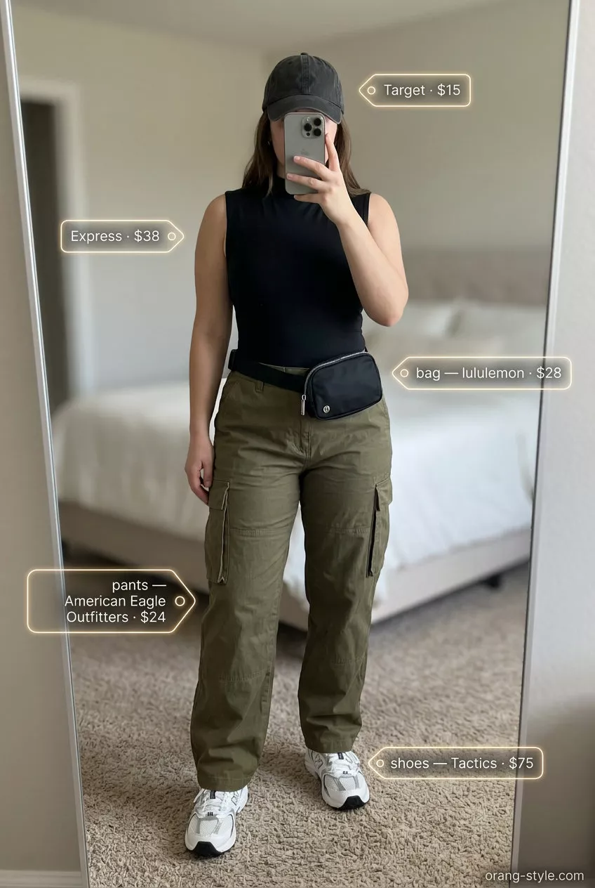 Casual summer bodysuit outfits for women 2026: Black bodysuit, olive cargo pants, chunky sneakers for weekend exploration.