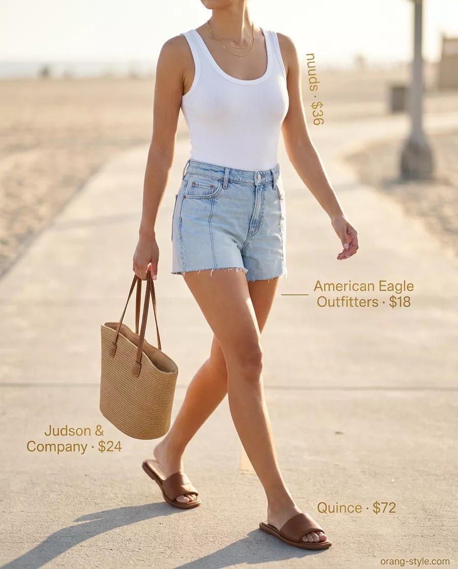 Casual summer bodysuit outfits for women 2026: White bodysuit, denim shorts, straw tote for beach day.