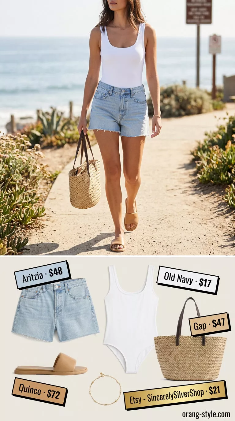 Casual summer bodysuit outfits for women 2026: White bodysuit, denim shorts, straw tote for beach walk.