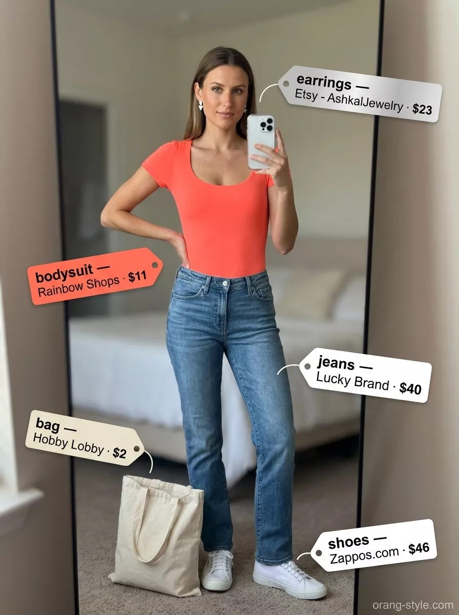 Casual summer bodysuit outfits for women 2026: Coral bodysuit, denim jeans, canvas sneakers for sunset picnic.