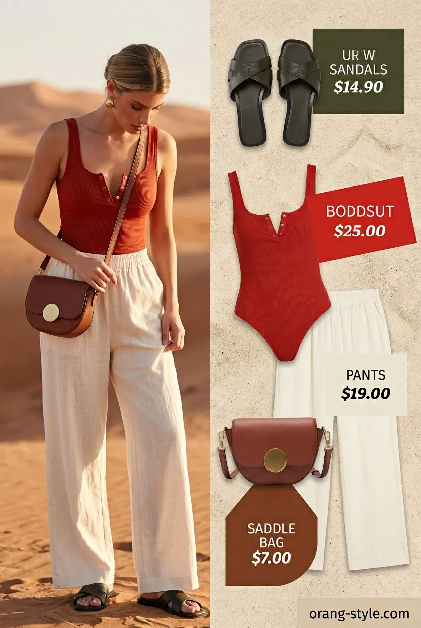 Casual summer bodysuit outfits for women 2026: Terracotta bodysuit, cream pants, leather sandals for evening out.