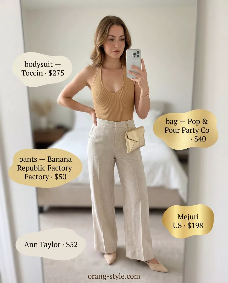 Casual summer bodysuit outfits for women 2026: Beige halter bodysuit, cream linen pants, gold heels for evening out.
