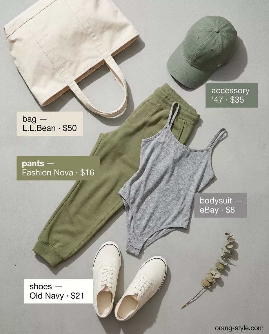 Casual summer bodysuit outfits for women 2026: Grey bodysuit, olive joggers, white sneakers for errands.