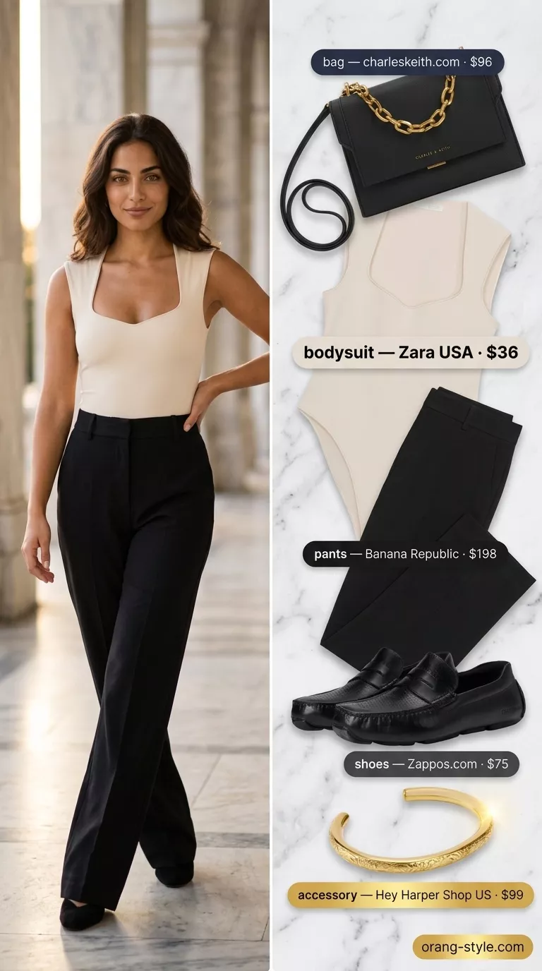 Casual summer bodysuit outfits for women 2026: Cream bodysuit, black trousers, loafers for smart casual.