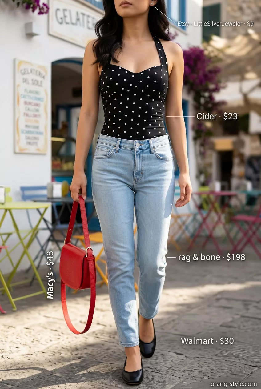 Casual summer bodysuit outfits for women 2026: Polka dot bodysuit, black jeans, red bag for lunch date.