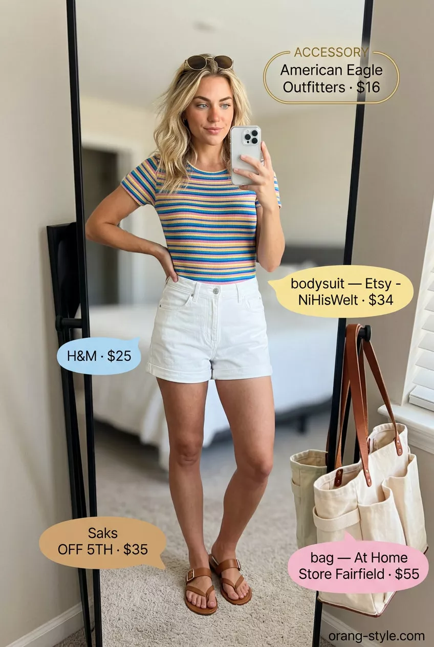 Casual summer bodysuit outfits for women 2026: Striped bodysuit, white denim shorts, leather sandals for farmers market.