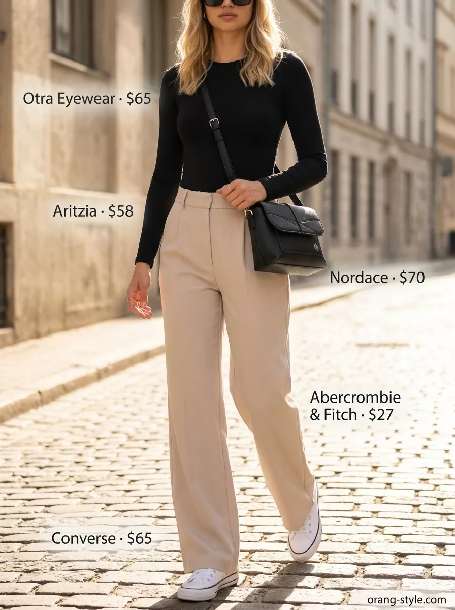 Casual summer bodysuit outfits for women 2026: Black bodysuit, beige wide-leg pants, white sneakers for city exploration.