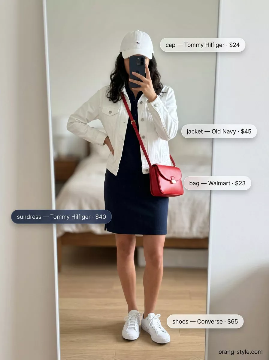 Lakeside Club Lunch: Navy pique polo mini dress, white denim jacket, red crossbody bag for casual summer sundresses 2026.