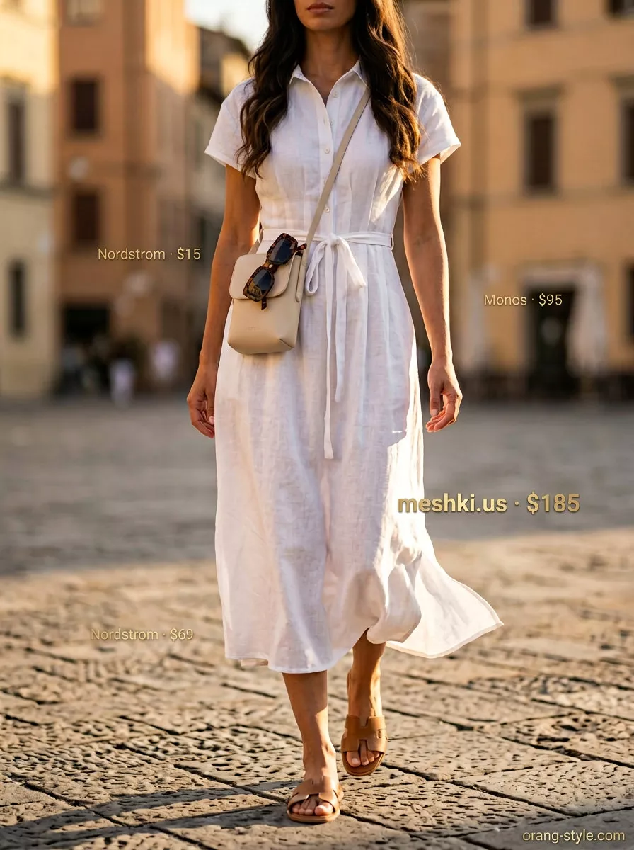 Crisp white linen blend shirtdress outfit for city sightseeing or an art gallery. Casual summer sundresses 2026.