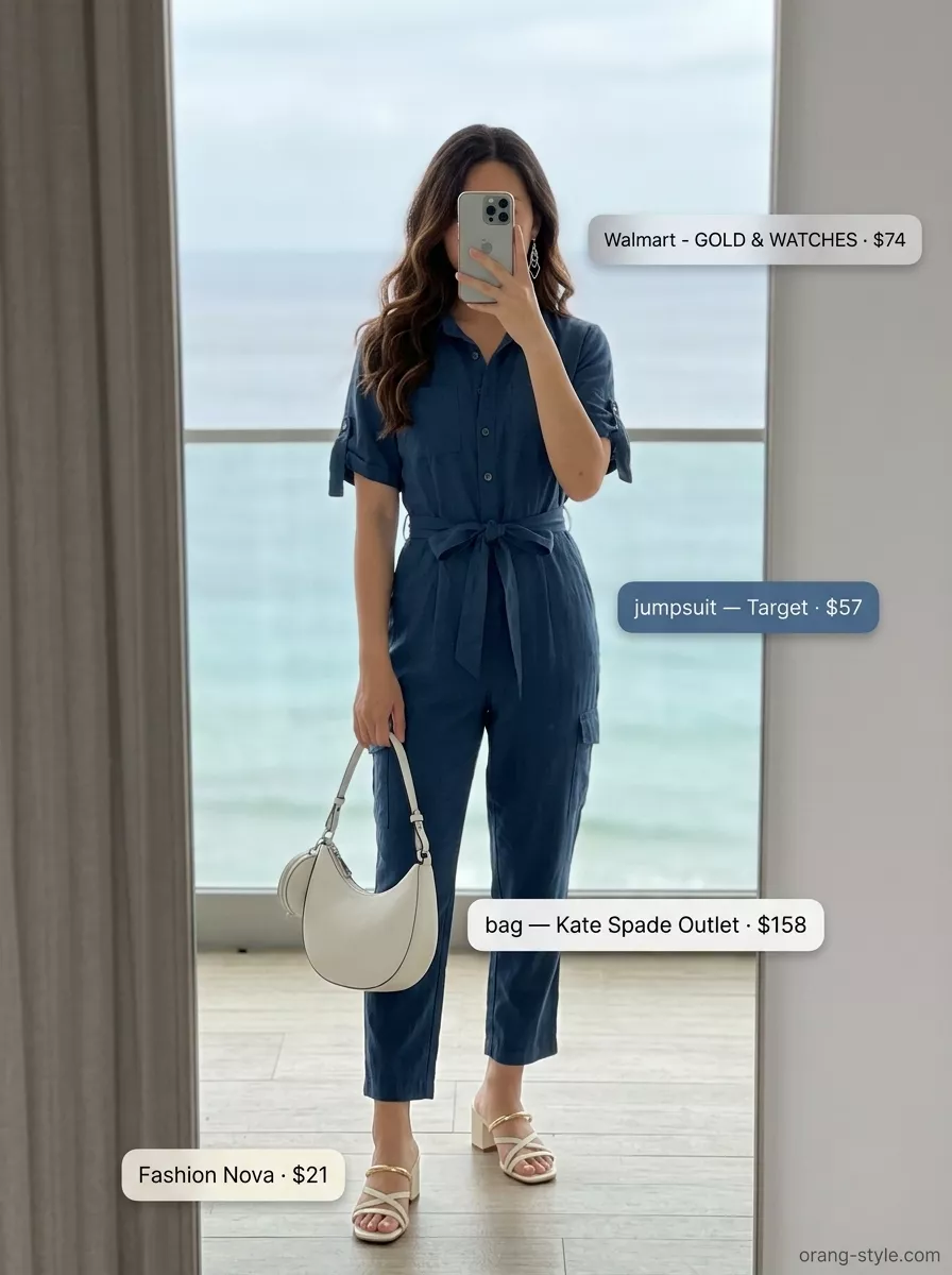 Chic Summer Vacation Outfits 2026: Sophisticated Jumpsuit Chic summer vacation outfits for women 2026: Ocean blue utility jumpsuit with heeled mules.