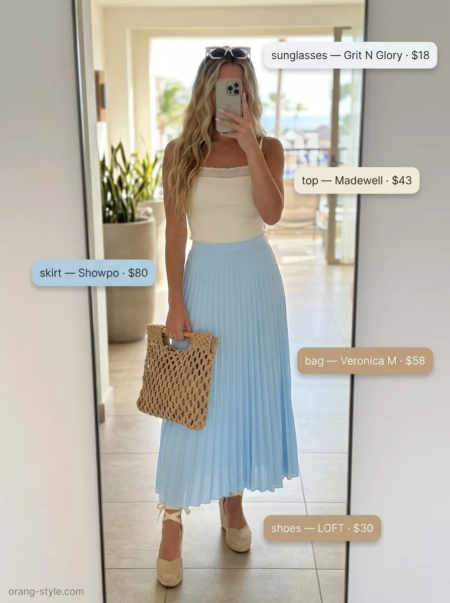 Chic Summer Vacation Outfits 2026: Breezy Blue Skirt Chic summer vacation outfits for women 2026: Sky blue midi skirt with white top and espadrille wedges.