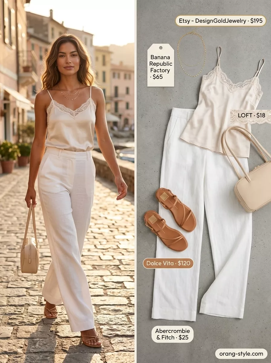 Chic Summer Vacation Outfits 2026: Elegant Linen Trousers Chic summer vacation outfits for women 2026: Ivory linen trousers with silk camisole and leather sandals.