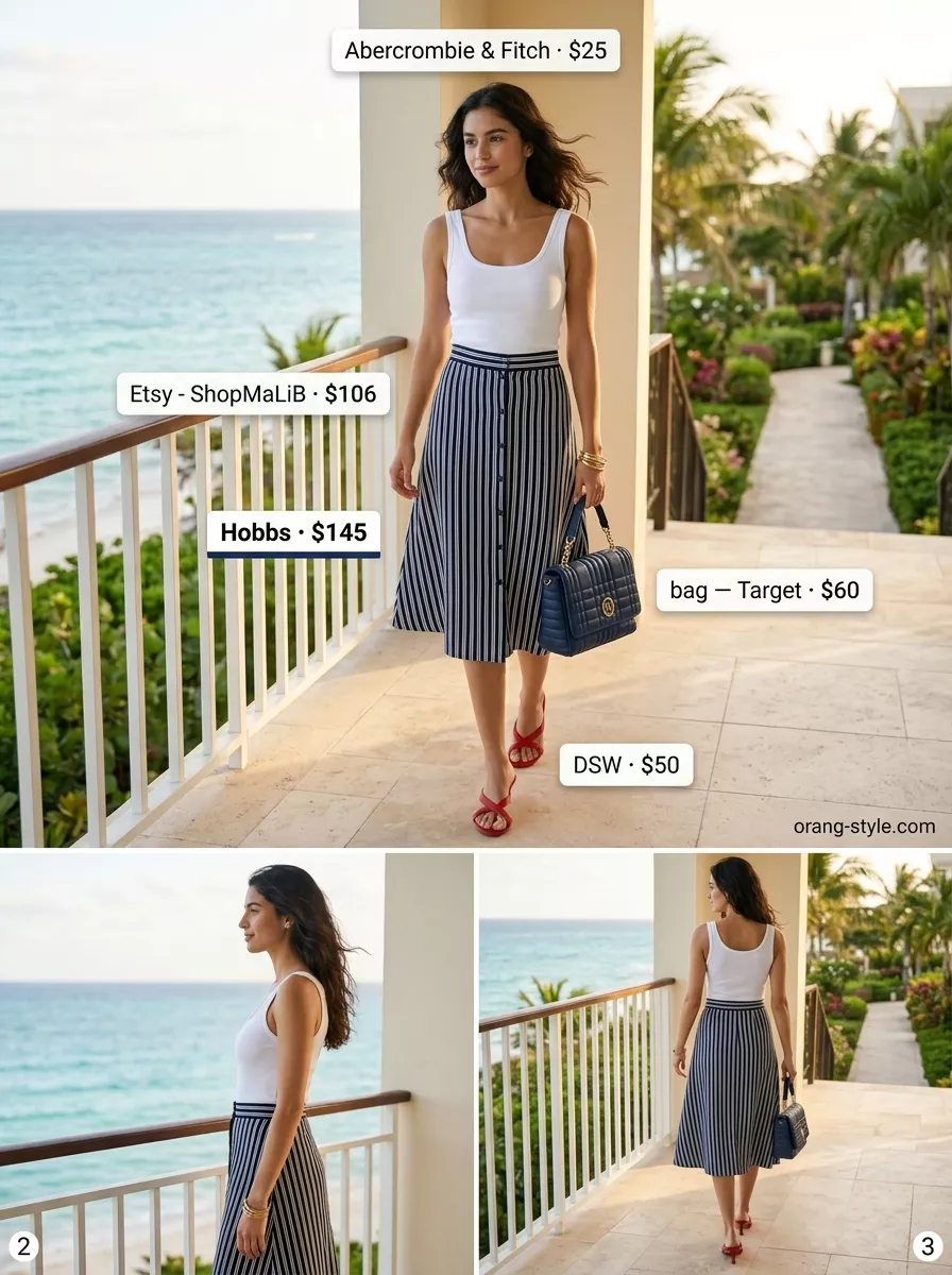 Chic Summer Vacation Outfits 2026: Nautical Skirt Style Chic summer vacation outfits for women 2026: Navy and white striped midi skirt with red sandals.