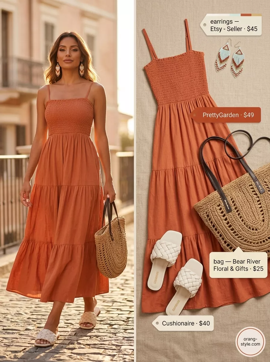 Chic Summer Vacation Outfits 2026: Bohemian Maxi Dress Chic summer vacation outfits for women 2026: Terracotta tiered maxi dress with straw tote.