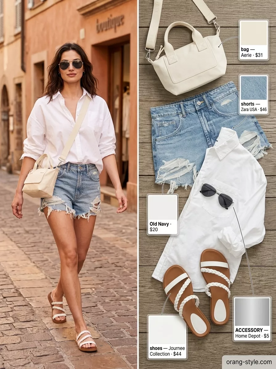 Chic Summer Vacation Outfits for Women 2026: Coastal Explorer Chic summer vacation outfits for women 2026: White button-down, denim shorts, aviators, and canvas bag for sightseeing.