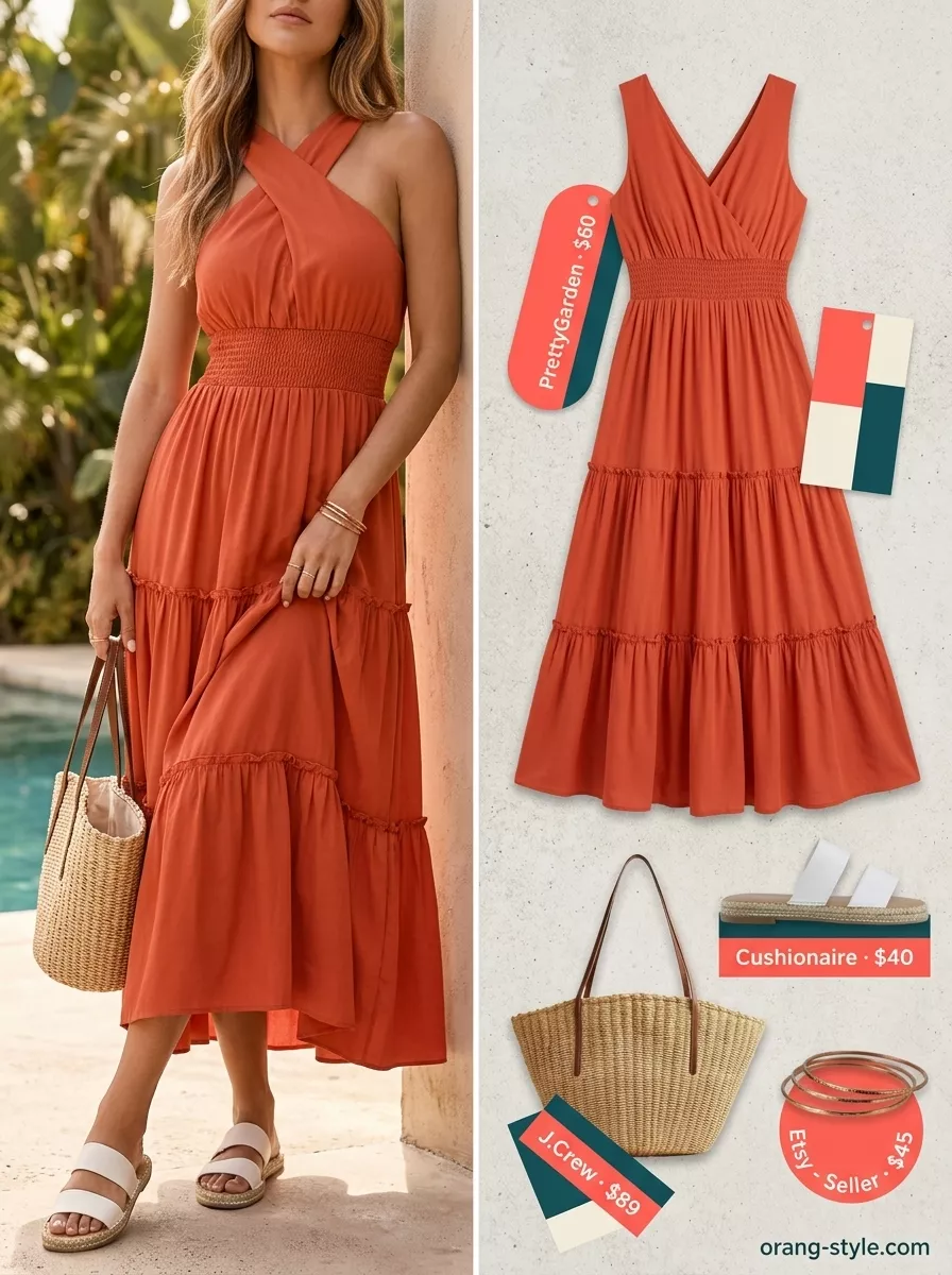 Chic Summer Vacation Outfits for Women 2026: Desert Bloom Maxi Chic summer vacation outfits for women 2026: Terracotta maxi dress, bronze bangles, espadrilles, and straw tote for daytime exploration.