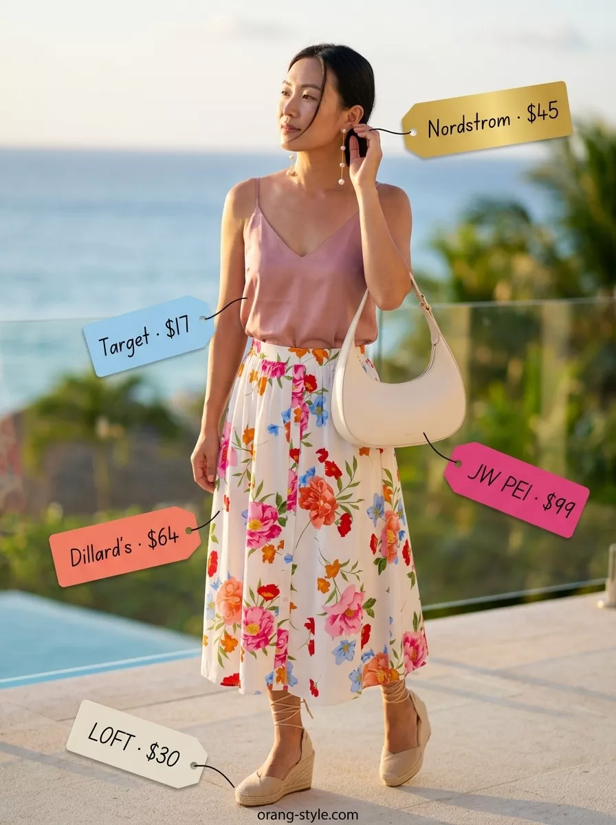 Chic Summer Vacation Outfits for Women 2026: Garden Brunch Chic summer vacation outfits for women 2026: Pink floral midi skirt, rose camisole, espadrille wedges for a garden brunch.