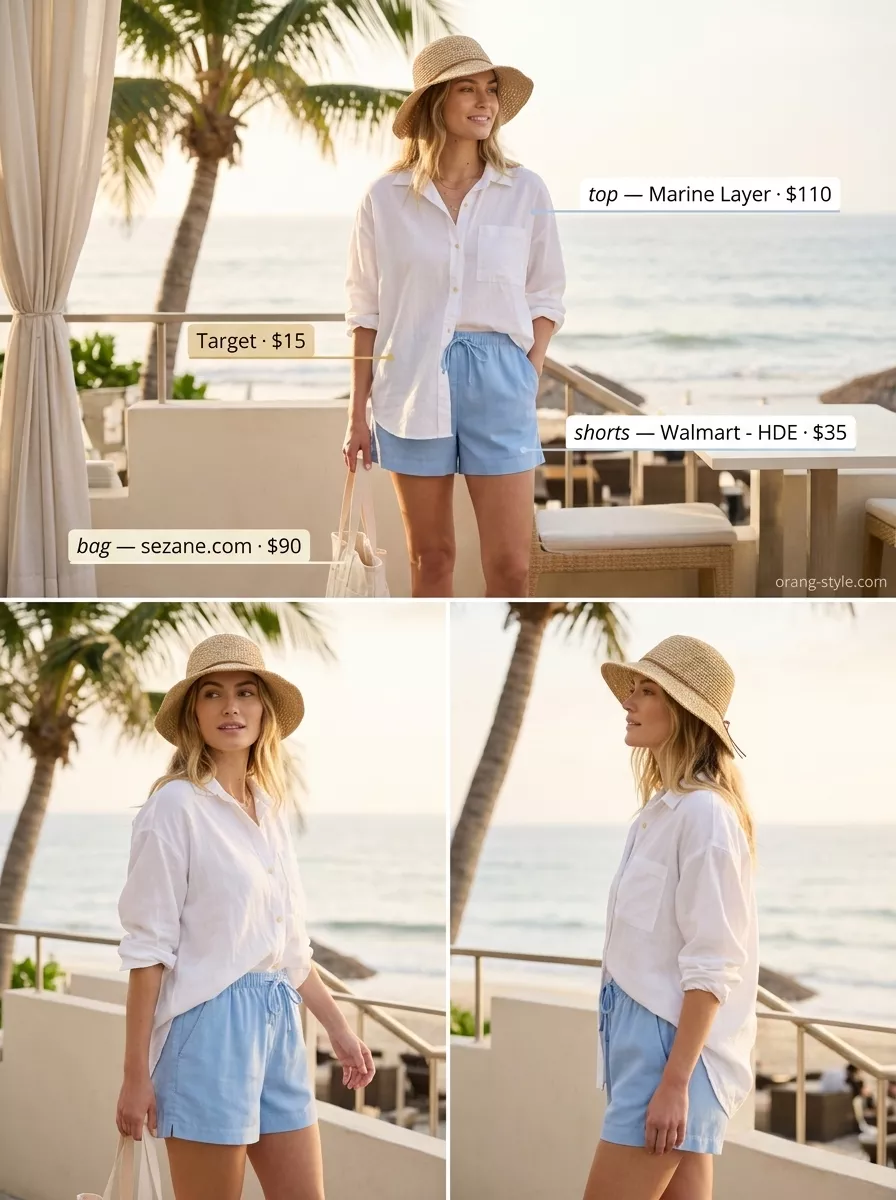 Chic Summer Vacation Outfits for Women 2026: Effortless Linen Love Chic summer vacation outfits for women 2026: Sky blue linen shorts, white linen shirt, straw hat, leather slides, and canvas tote.