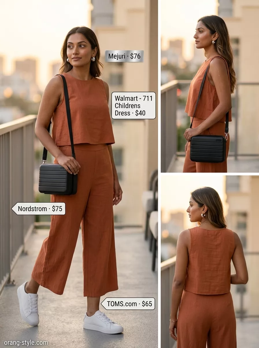 Chic Summer Vacation Outfits for Women 2026: Monochrome City Chic summer vacation outfits for women 2026: Black linen matching set, white sneakers, and black crossbody for a monochrome city break.