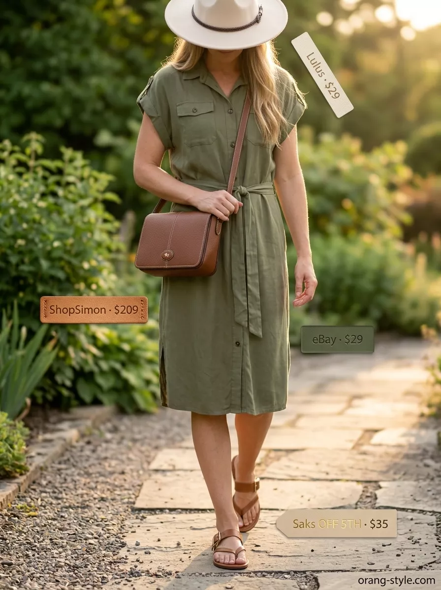 Chic Summer Vacation Outfits for Women 2026: Safari Dress Chic summer vacation outfits for women 2026: Olive green utility dress, cream fedora, cognac sandals, and leather crossbody.