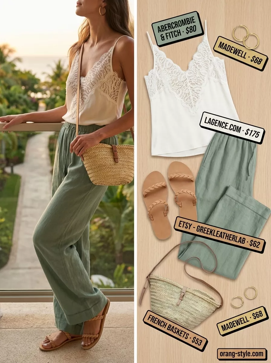 Chic Summer Vacation Outfits for Women 2026: Coastal Elegance Chic summer vacation outfits for women 2026: Sage green linen pants, ivory lace cami, braided slides, and straw crossbody.