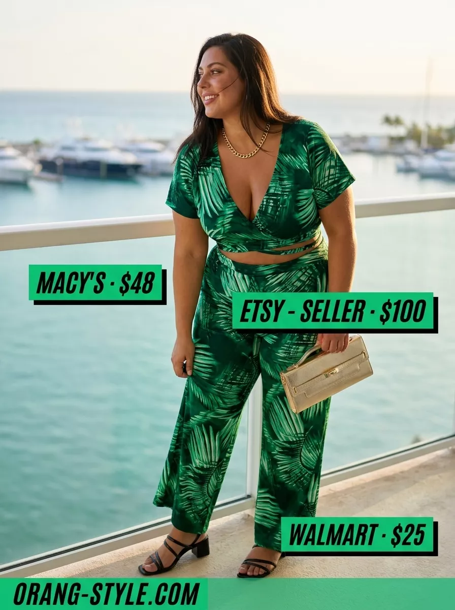 Chic Summer Vacation Outfits for Women 2026: Tropical Evening Glam Chic summer vacation outfits for women 2026: Emerald green matching set, black sandals, gold necklace, and clutch for resort evenings.