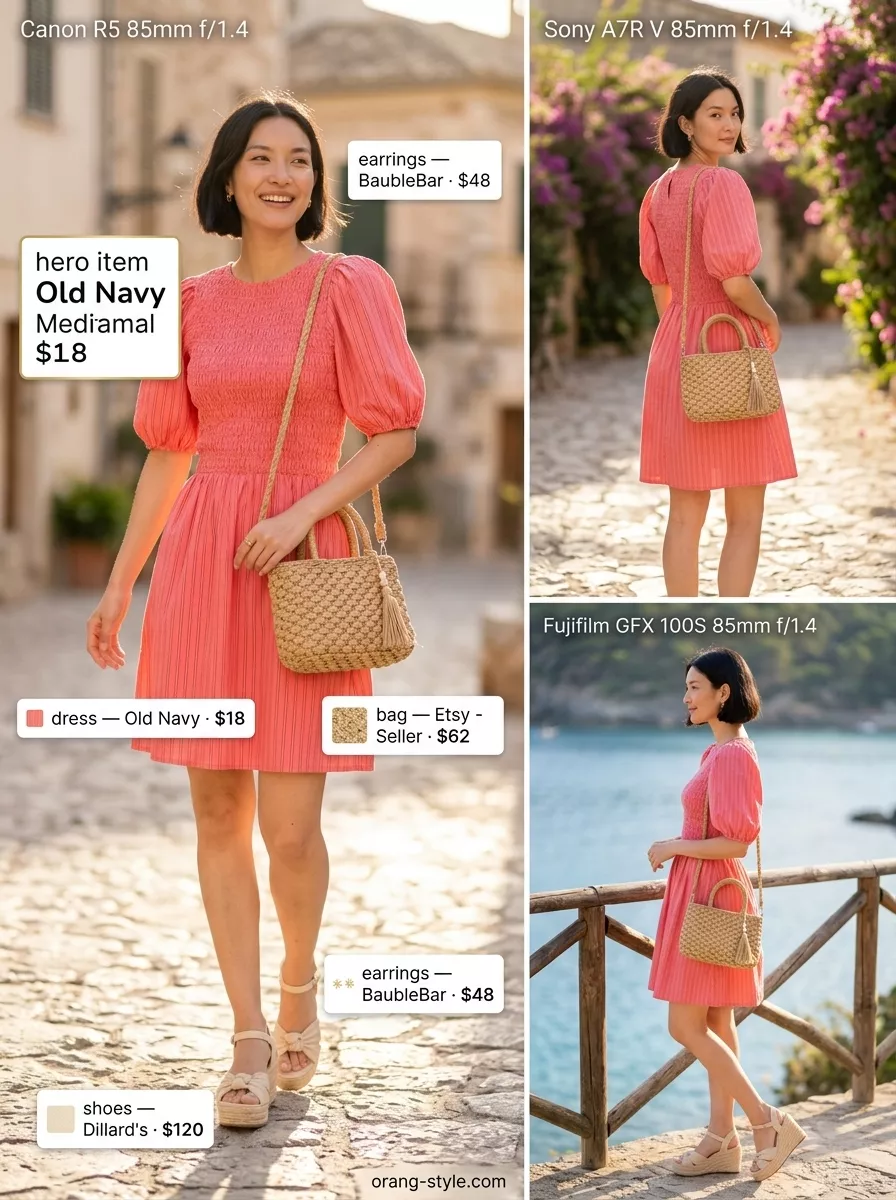 Chic summer vacation outfits for women 2026: Coral pink sundress, wedge espadrilles, gold studs, and straw crossbody for beach towns.